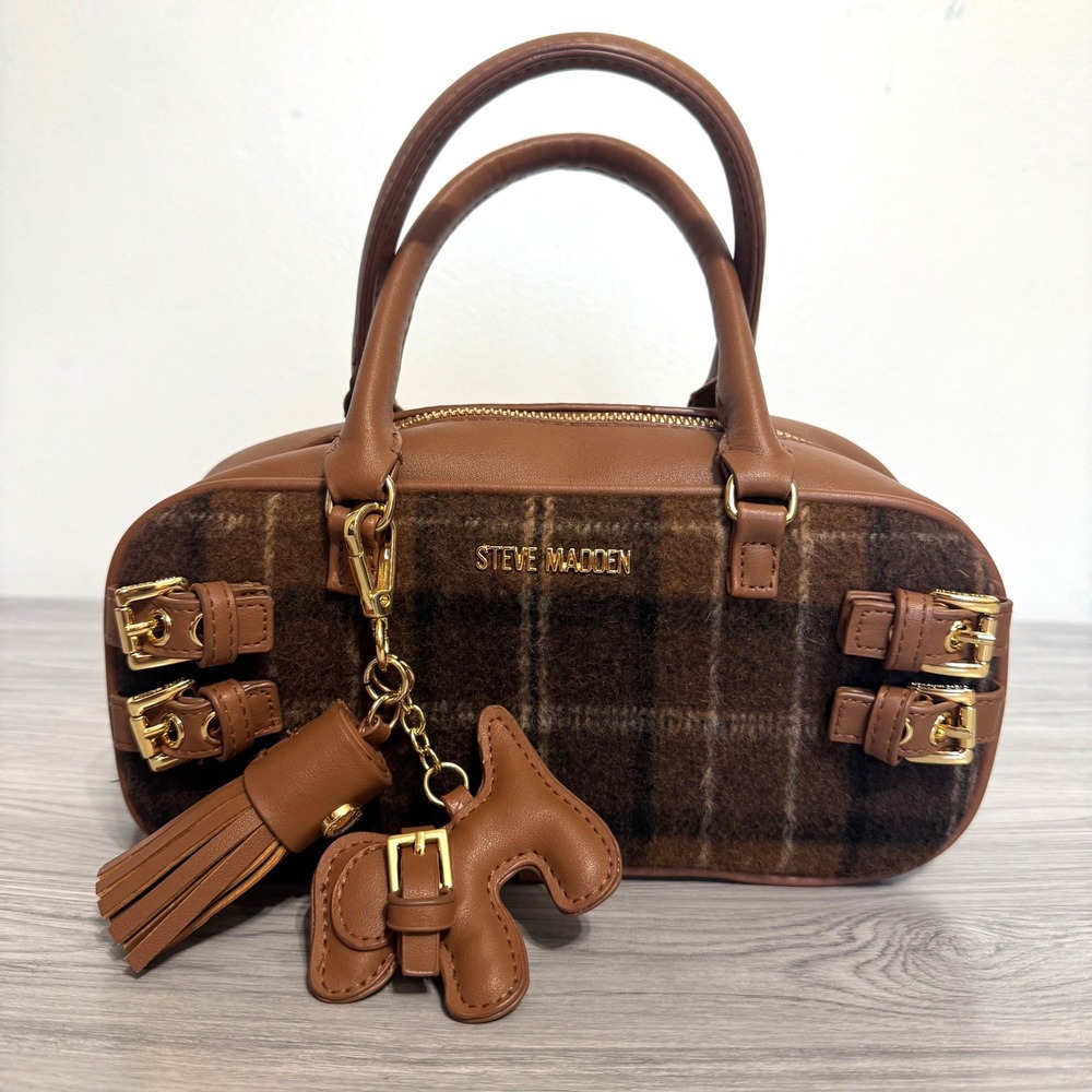 Steve Madden Blennix Brown Plaid Satchel Handbag Gold Buckle Detail